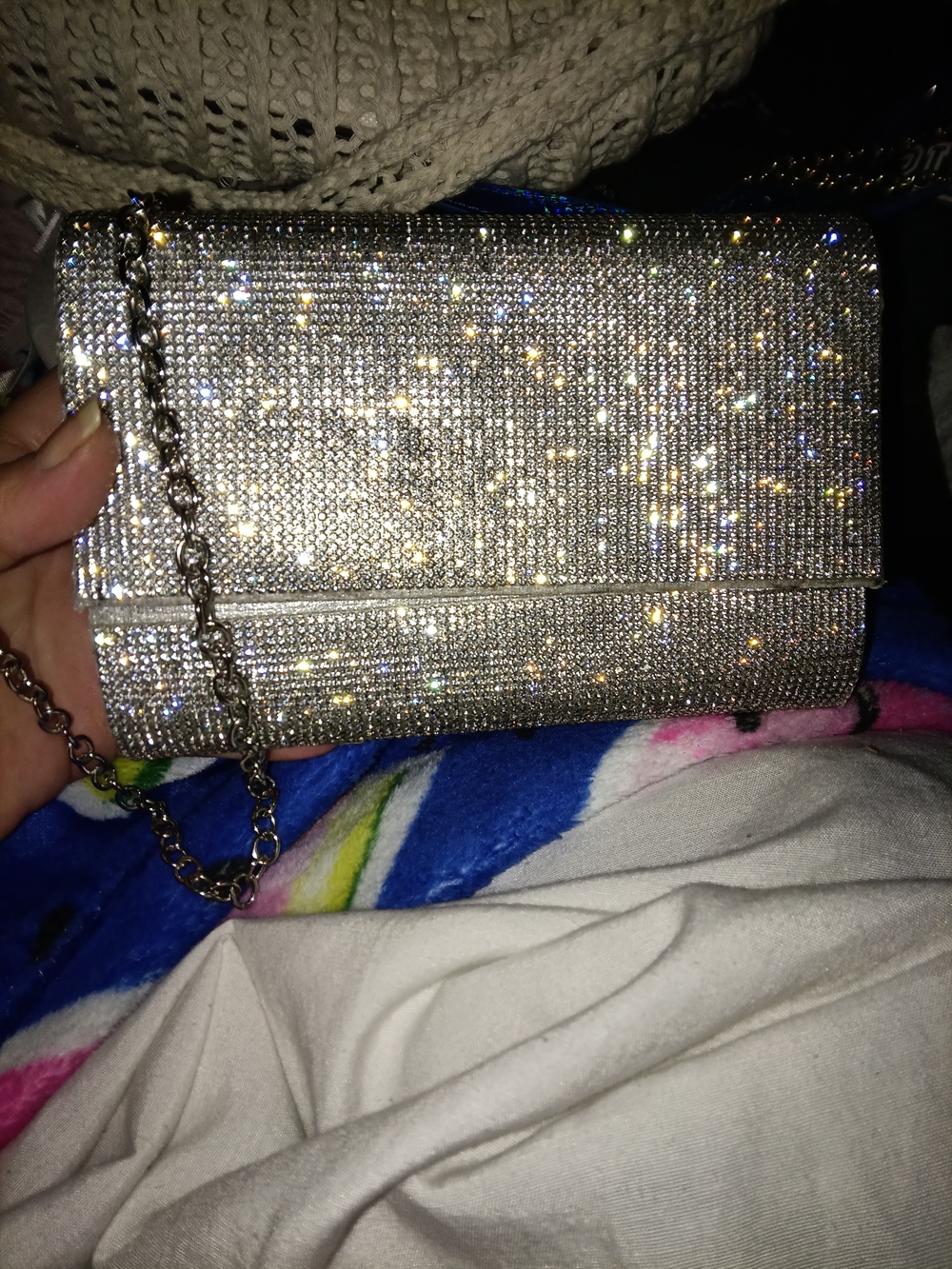 Silver Crystal Evening Clutch with Chain Strap